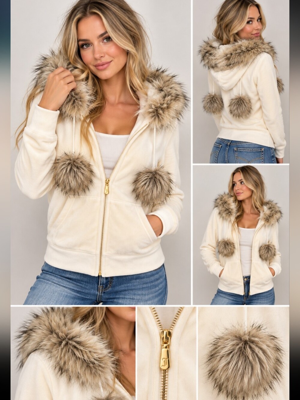 Juicy Couture Cream Faux Fur Pom Pom Hoodie Women’s Large Y2K Velour Zip Up